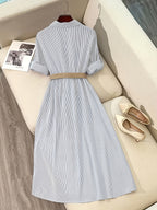 YTD Women's Casual Striped Long Sleeve Single-Breasted Pocket Long Shirt Dress HF869 with Belt - Grey