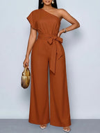 Women'S Summer Commute Fashionable Elegant Daytime Outing Casual Easy Solid Color Asymmetrical One-Shoulder Pleated Wide-Leg Jumpsuit, Suitable for Daily Wear, Dates, Parties, Vacation Outfits, All-Season Clothing, Women'S Office Attire - Cinnamon