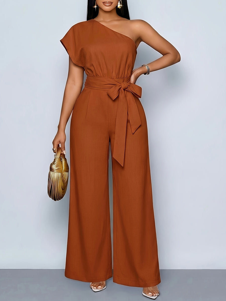 Women'S Summer Commute Fashionable Elegant Daytime Outing Casual Easy Solid Color Asymmetrical One-Shoulder Pleated Wide-Leg Jumpsuit, Suitable for Daily Wear, Dates, Parties, Vacation Outfits, All-Season Clothing, Women'S Office Attire - Cinnamon