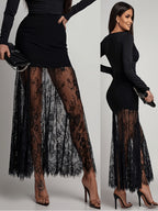 Lace A-line Skirt, Sexy Sheer Lace Maxi Dress, Suitable for Outings and Parties, Wearable in Spring and Summer, Women's Midi Skirt with Elastic Waistband, A-line Flared Skirt, Flared Hem, New Style Lace Slip Dress, Can Be Worn as a Layering Piece - Black