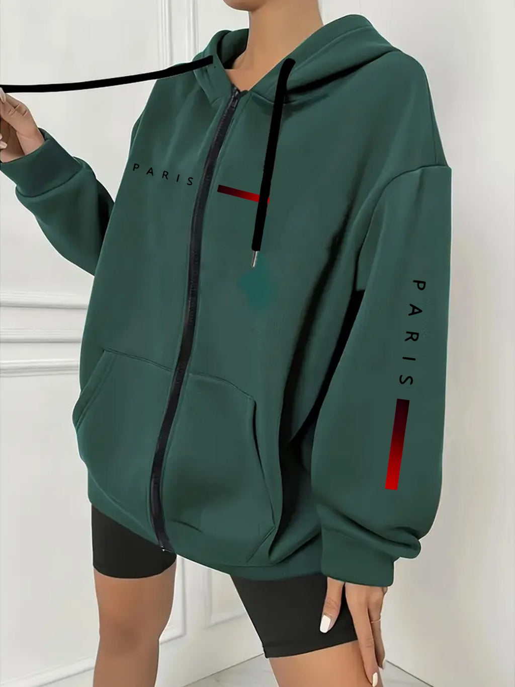 Plus Size - Plus Size - Plus Size Women'S Casual Autumn And Winter Letter Print Sweatshirt, Long Sleeve Pocket Hooded Zip Jacket, Women'S, Hoodie - Green