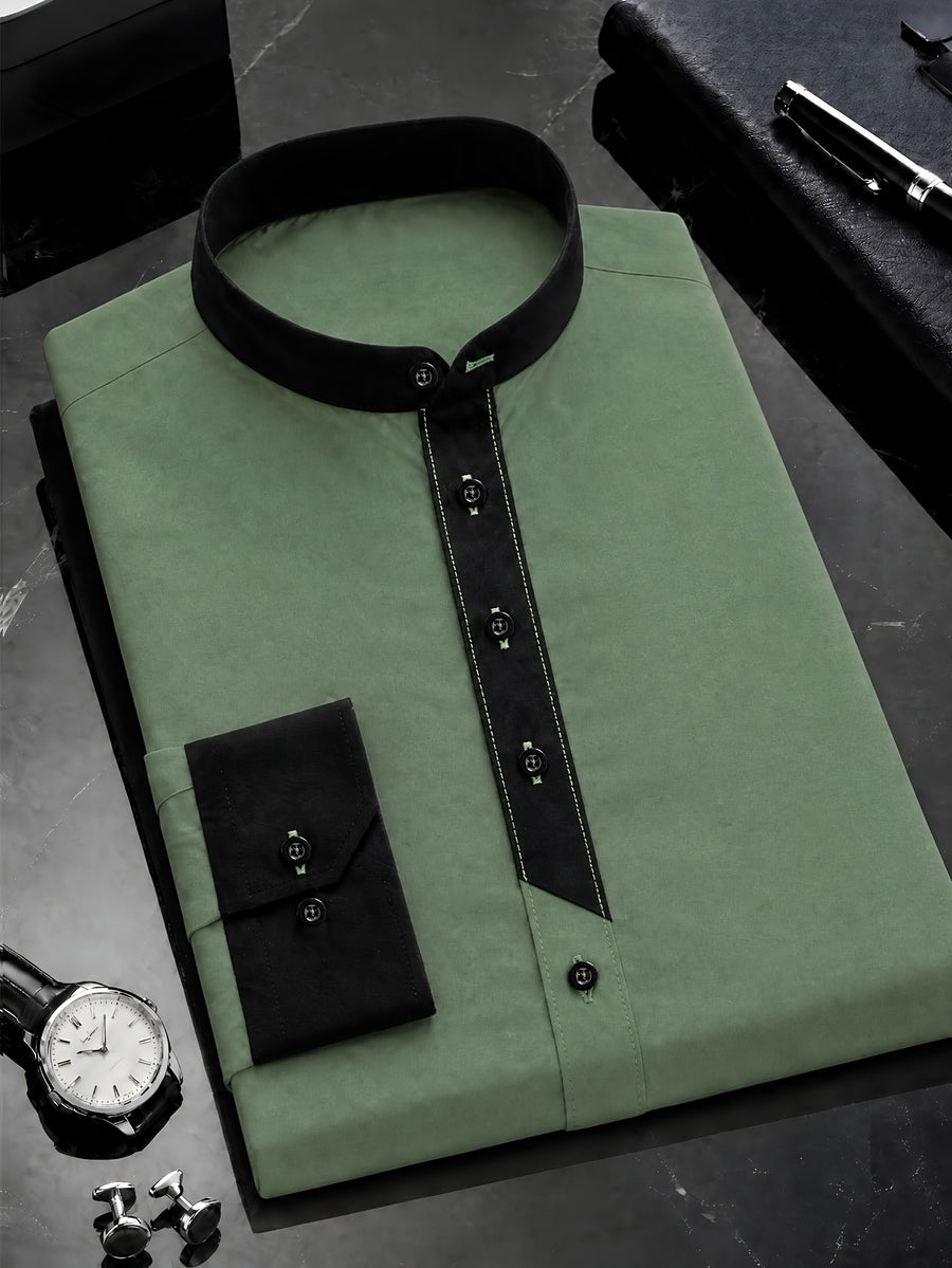 Men's Dress Shirt, Military Green Stand Collar Shirt for Men, Shirt with Contrast Trim Design, Slim Fit Long Sleeve with Lapel, Suitable for Casual and Business Wear, Machine Washable and Hand Washable, Wrinkle-Resistant and Quick-Drying - Military Green