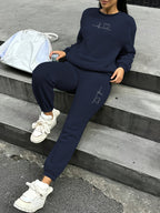 Women's 2pcs Fleece Sweatsuit - ECG Heart Print Warm Winter Tracksuit, Soft Polyester Matching Outfit with Pockets, Machine Washable & Outdoor Sweatsuits (Multiple Colors) for Fall/Winter, 2pcs set - Purplish Blue
