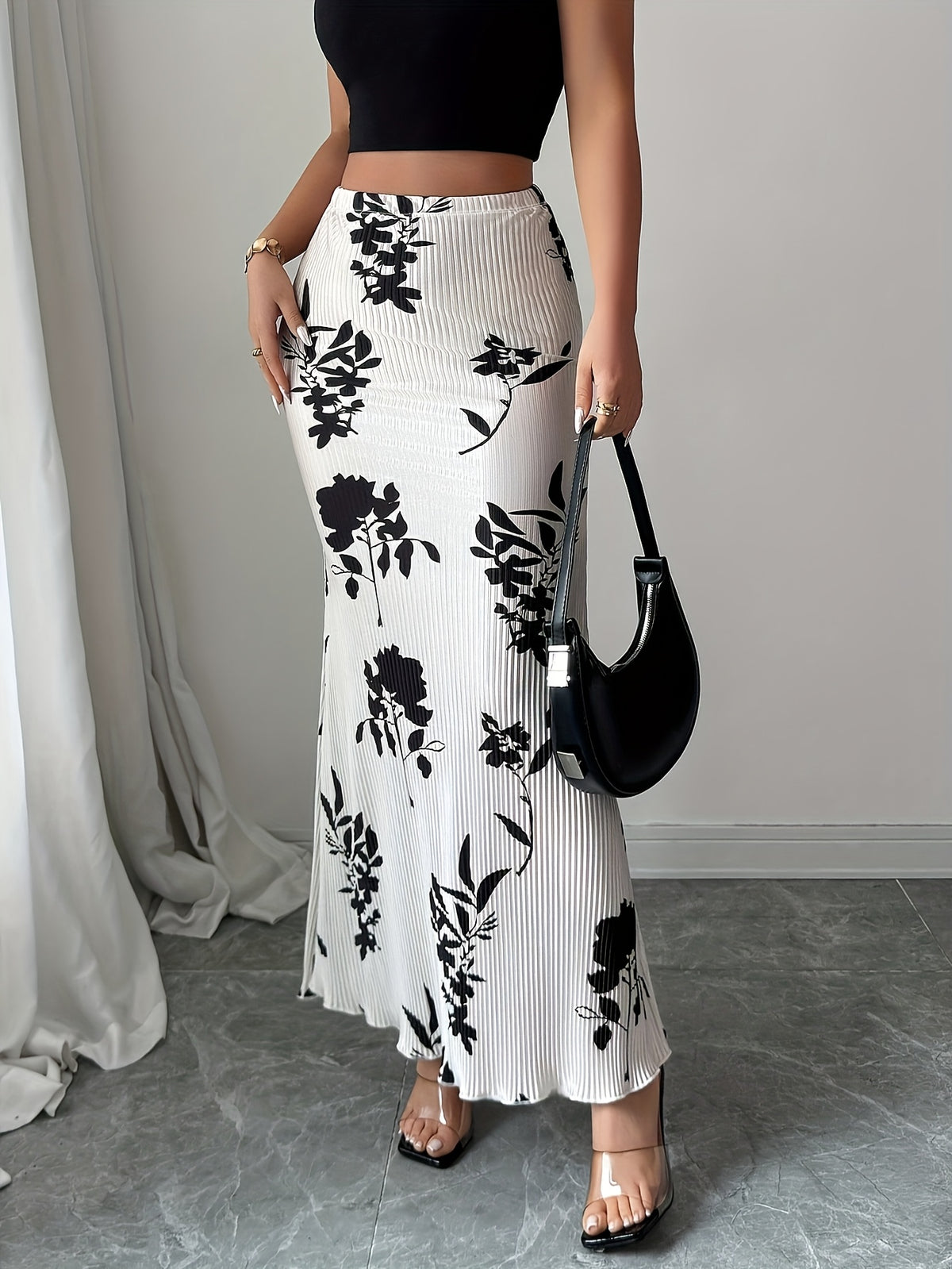 Elegant Women's Skirt with Black and White Contrast Print, Fashionable Single Item - White