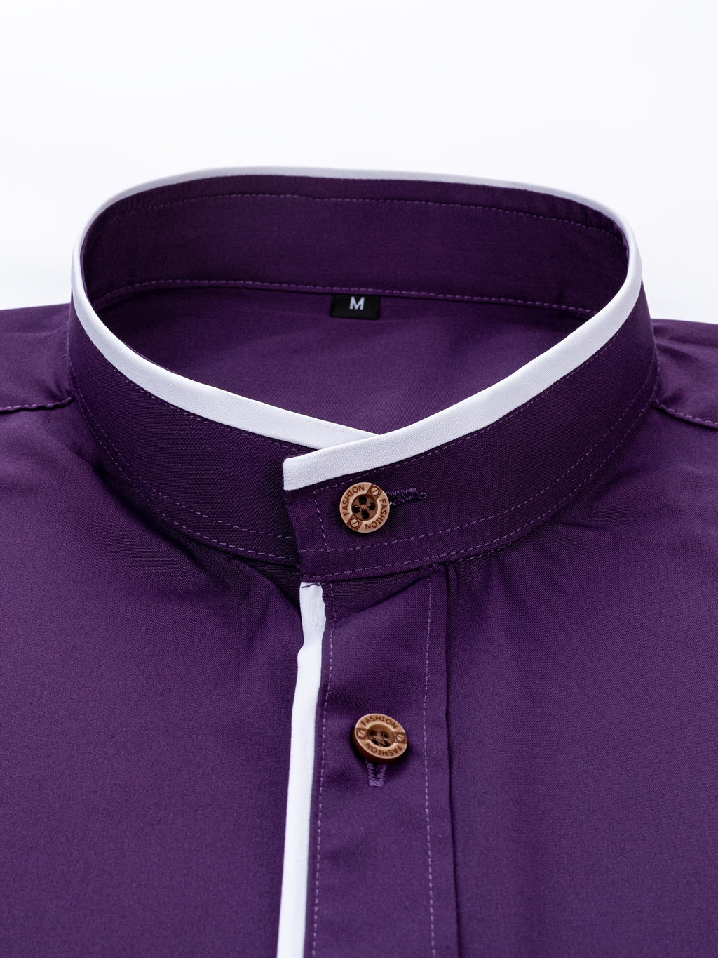 Men'S Short-Sleeved Shirt, Henley Collar/Stand-Up Collar Design, Placket Splicing Contrast Color Design - Deep Purple