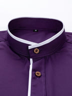 Men'S Short-Sleeved Shirt, Henley Collar/Stand-Up Collar Design, Placket Splicing Contrast Color Design - Deep Purple