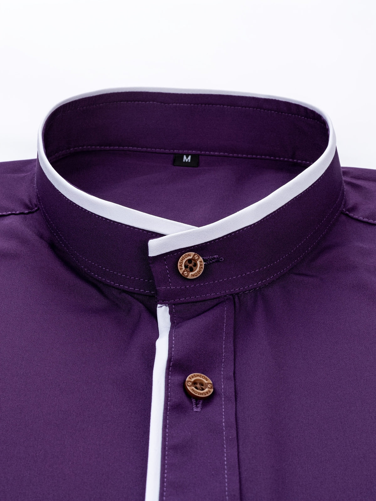 Men'S Short-Sleeved Shirt, Henley Collar/Stand-Up Collar Design, Placket Splicing Contrast Color Design - Deep Purple