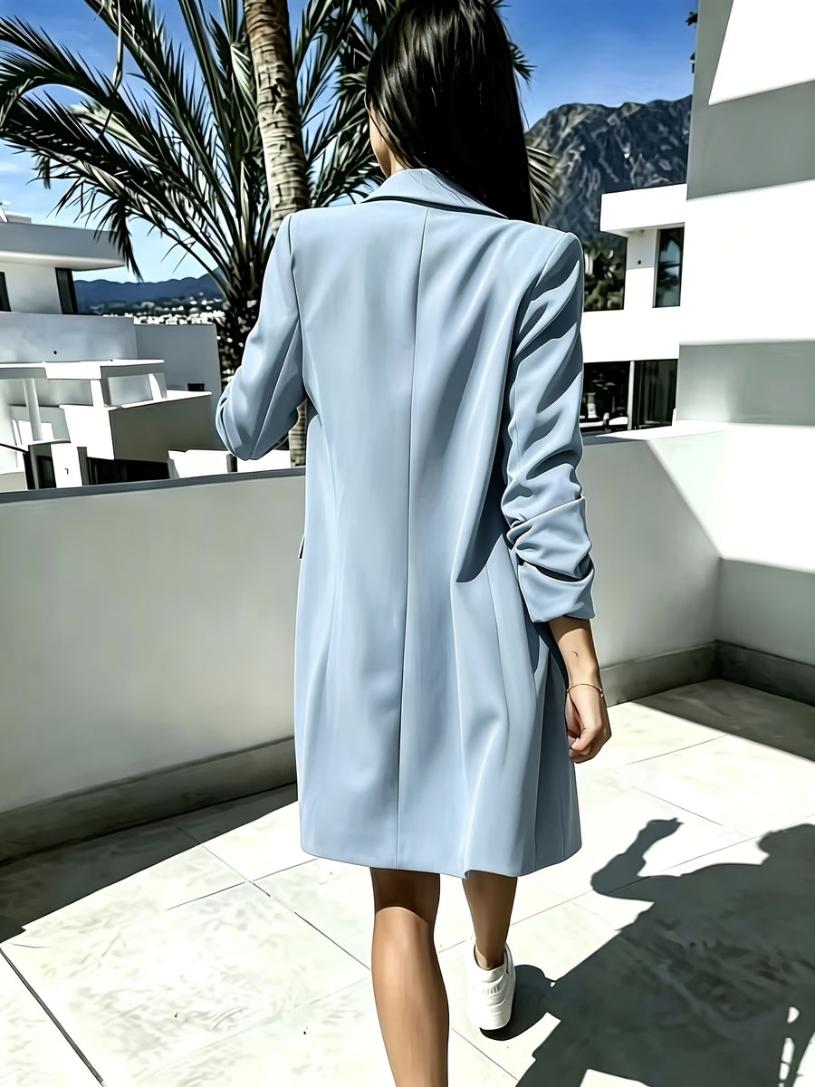European and American-style Mid-length Blazer with Pleated Cuffs, Loose Fit for a Effect, Suitable for Business Casual Wear - Sky Blue