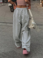 Women'S Fashion Solid Color Drawstring Pocket Casual Gray Loose Wide Leg Pants Fall Winter Clothing Trousers - Light Grey