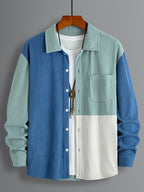 Men's Color-Block Corduroy Long-Sleeve Shirt with Spring/Autumn Lapel and Single Pocket Design, Trendy Color-Mix Shirt for Daily Streetwear, Casual Gatherings, Commuting, and Light Business Attire, New Autumn/Winter Long-Sleeve Shirt - Mixed colors