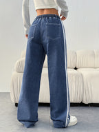 Women's Casual Style Paper Bag Waist with Drawstring Design, Loose-fit Jeans Featuring Side Slant Pockets, Patchwork Paneling, and Tape Detailing - Medium Blue