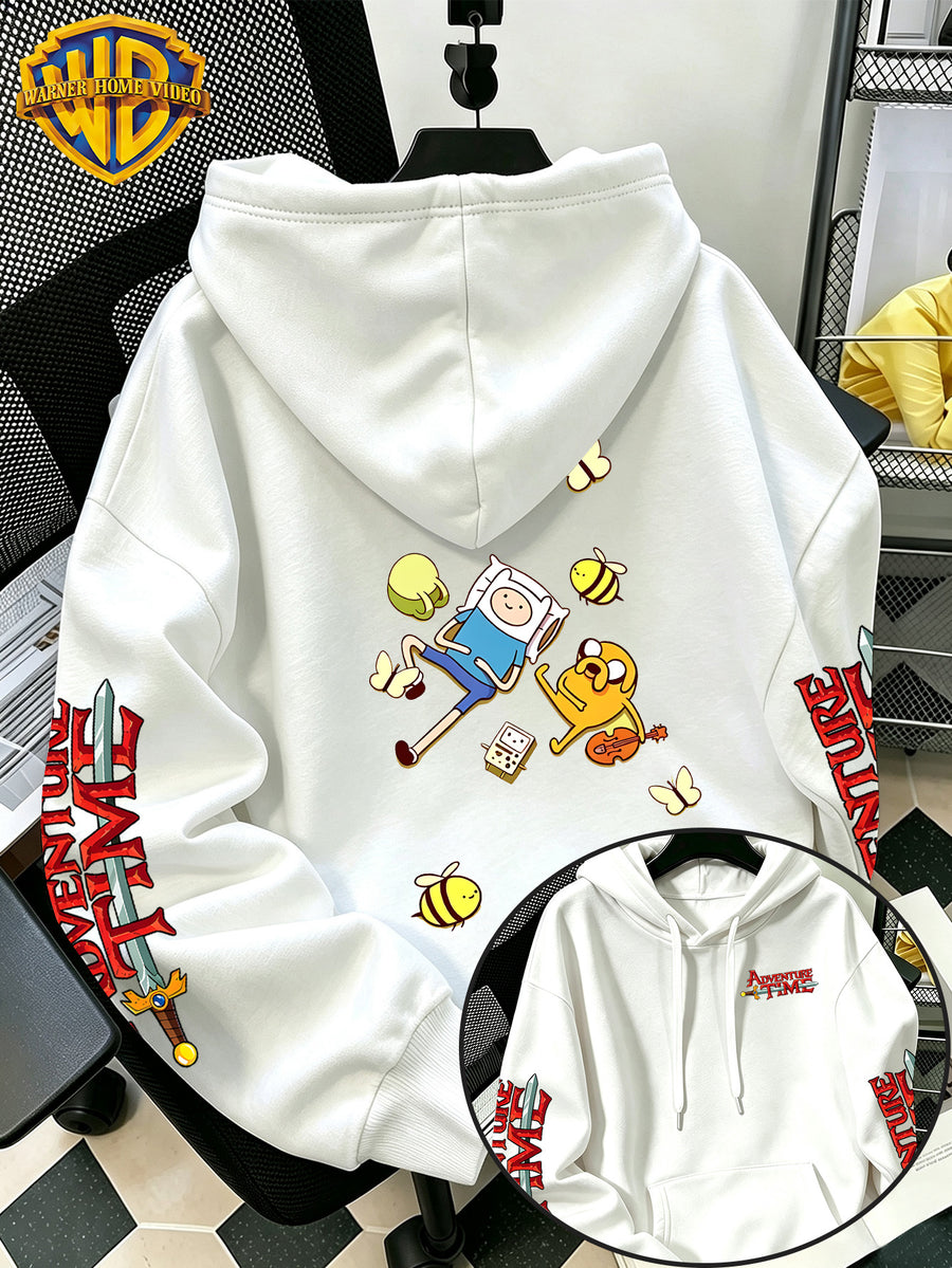 Warner Bros Official Adventure Time Finn & Jake Lying Casual Cartoon Print Hooded Sweatshirt - Men's Versatile Casual Sweatshirt, Comfortable Autumn/Winter Wear, Ideal for Sports, Outdoors, Outings, Travel, and Daily/Commute/Home Use, the Perfect - White