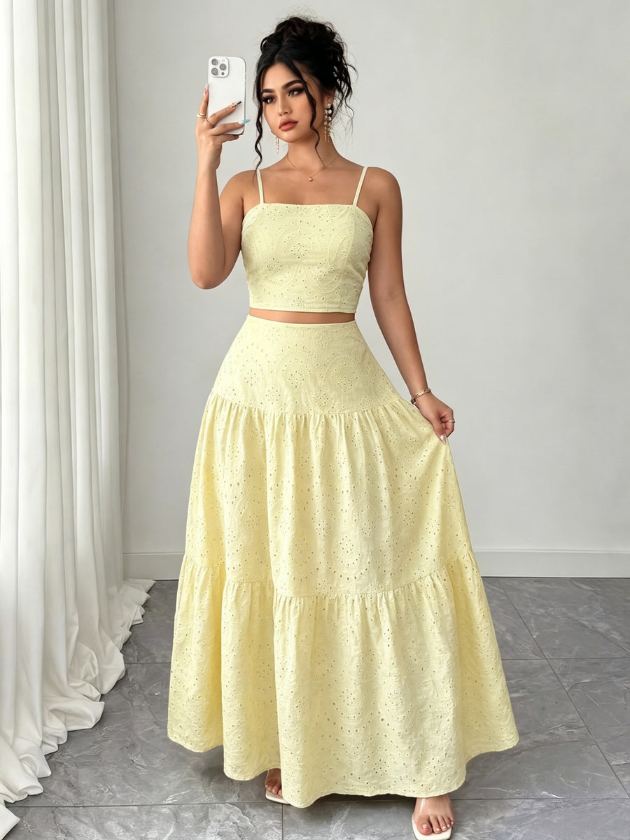 Two-Piece Embroidered Maxi Dress, Bohemian Style with Layered Ruffle Hem. Perfect for Dates, Vacations, Picnics, And Beach Outings. Comfortable And Versatile Women'S Dress - 【Light Yellow】