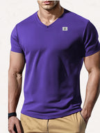 180G100C Men'S V-Neck Solid Color Short Sleeve Shirt, Placement Left Chest Patch "FODOEE" Summer Global Seasons Base Layer Factory Made Men'S Man Comfortable High Quality High - Purple