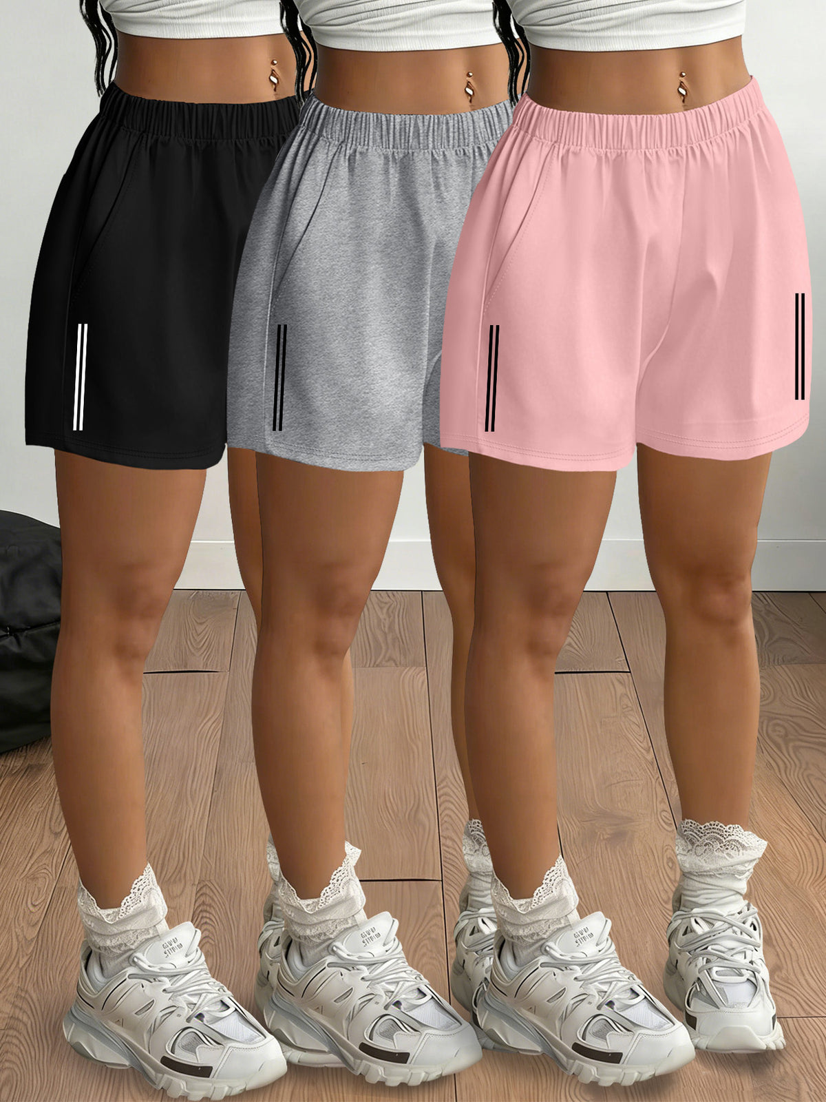 2026 Spring/Summer New Arrival Women's Bottomwear Fashion Black & White Striped Print Leg-Length Enhancing Casual Loungewear Light Y  Streetwear Elastic Waist Two-Side Pocket Shorts 3pcs Set - Black+Light Gray+Pink