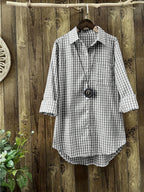 Women'S Autumn Casual Vintage Commute Long Sleeve Checkered Striped Shirt - Grey