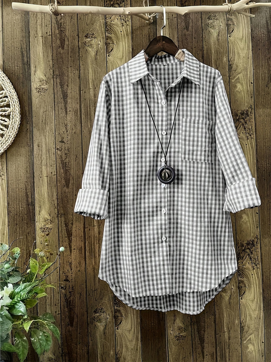 Women'S Autumn Casual Vintage Commute Long Sleeve Checkered Striped Shirt - Grey