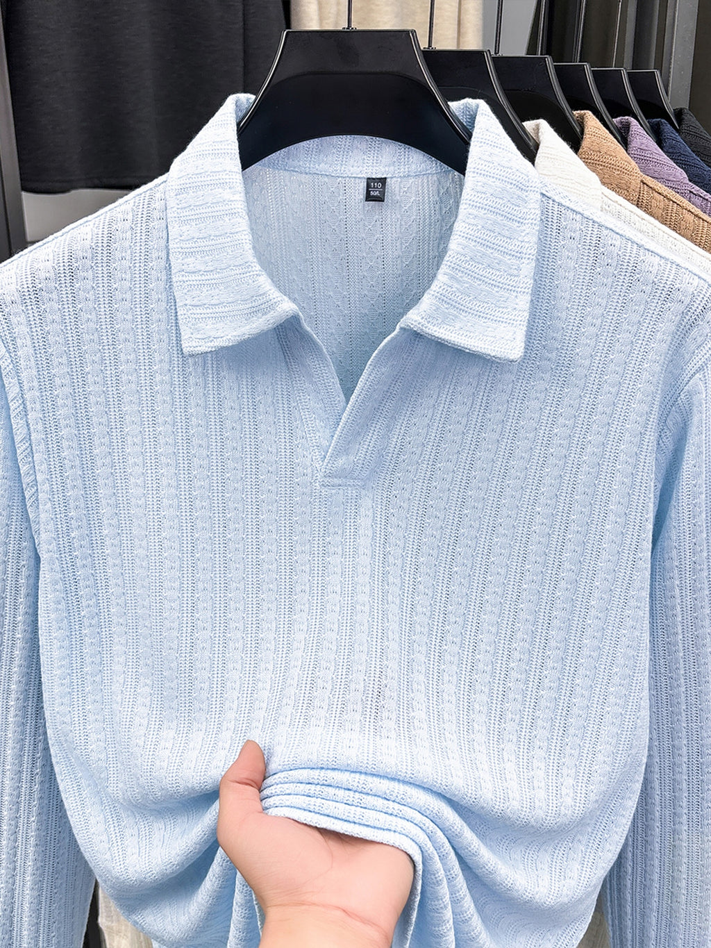 Mature Men'S Knit Long Sleeve Polo Shirt, Multi-Cable Design Heavyweight Style Multi-Color Available Textured Ribbed Fabric, V-Neck Long Sleeve Design, Delicate Vertical Ribbed Jacquard Texture, Light Mature Business Casual Style - Light Blue