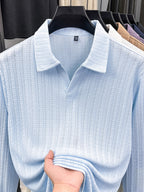 Mature Men'S Knit Long Sleeve Polo Shirt, Multi-Cable Design Heavyweight Style Multi-Color Available Textured Ribbed Fabric, V-Neck Long Sleeve Design, Delicate Vertical Ribbed Jacquard Texture, Light Mature Business Casual Style - Light Blue