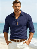 Men's Spring/Summer Solid Color Lapel Long Sleeve Polo Shirt, Half-Open Placket Casual Vacation Top - Navy Color