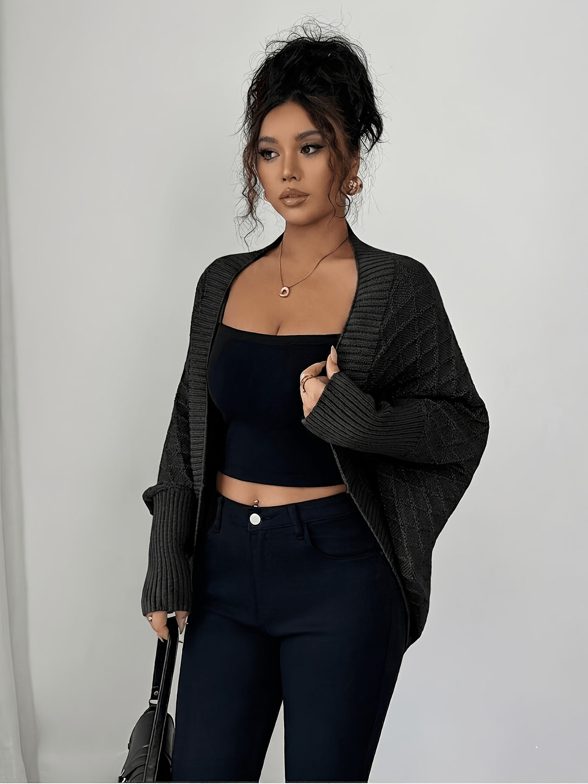 Women'S Cardigan: Casual Elegance with Batwing Sleeves Mid-Length Jumper, Versatile And Sophisticated Knitwear - Black