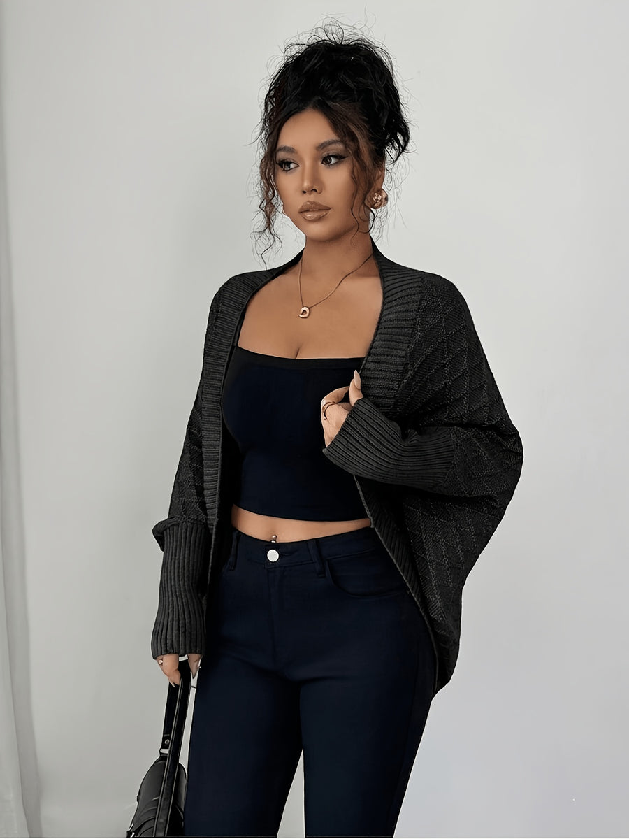 Women'S Cardigan: Casual Elegance with Batwing Sleeves Mid-Length Jumper, Versatile And Sophisticated Knitwear - Black