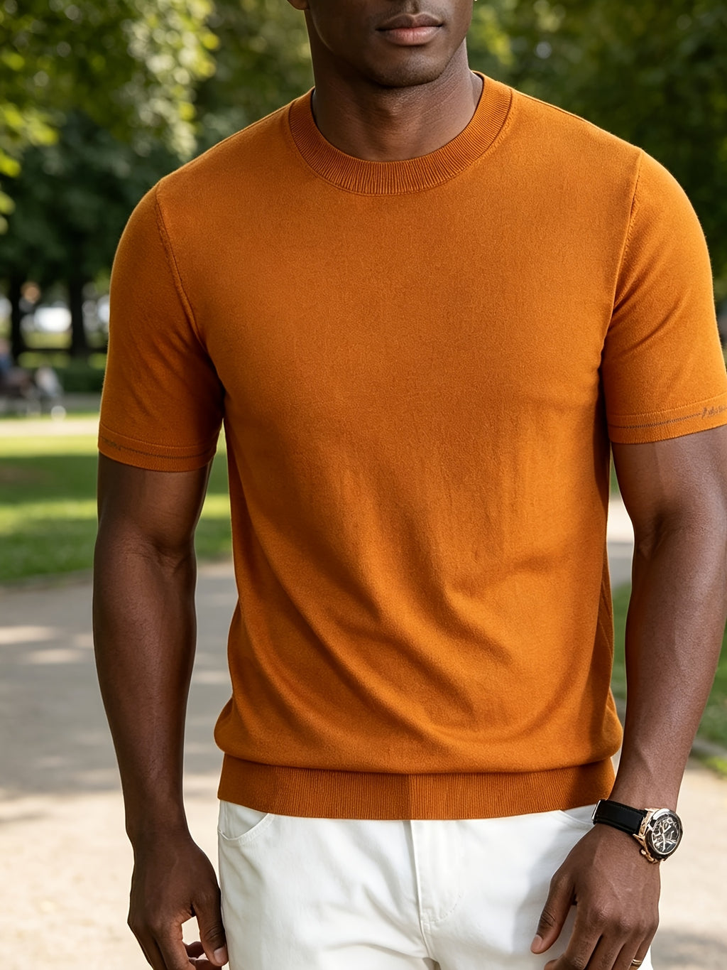 Men'S Easy Business Casual Round Neck Knit Short Sleeve T-Shirt, Skin-Friendly Fresh Regular Fit Durable, Summer Commute Office Client Meeting Family Gathering Short Distance Travel Shopping Date Daily Top - Emma Orange
