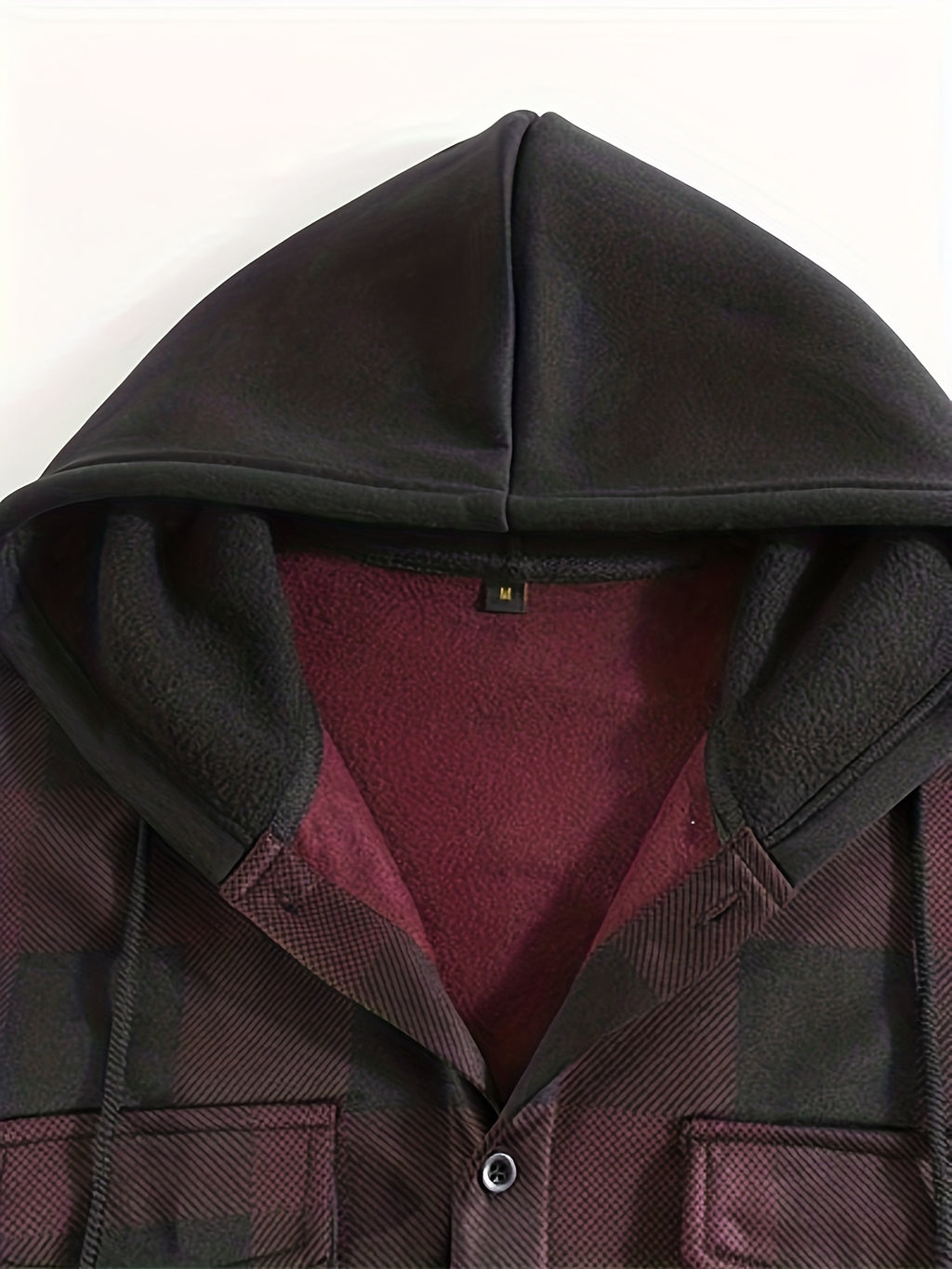 Men'S Jacket, Retro Plaid Shirt, Men'S Casual Shirt Fleece Jacket Single Button with Hat Long Sleeve Coat Men'S Top with Chest Pocket Elastic Cuff Ribbed Spring Autumn New Men'S Clothing - Deep Red