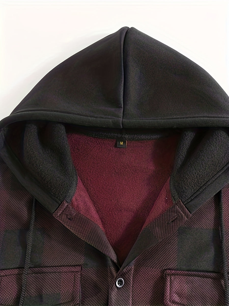Men'S Jacket, Retro Plaid Shirt, Men'S Casual Shirt Fleece Jacket Single Button with Hat Long Sleeve Coat Men'S Top with Chest Pocket Elastic Cuff Ribbed Spring Autumn New Men'S Clothing - Deep Red