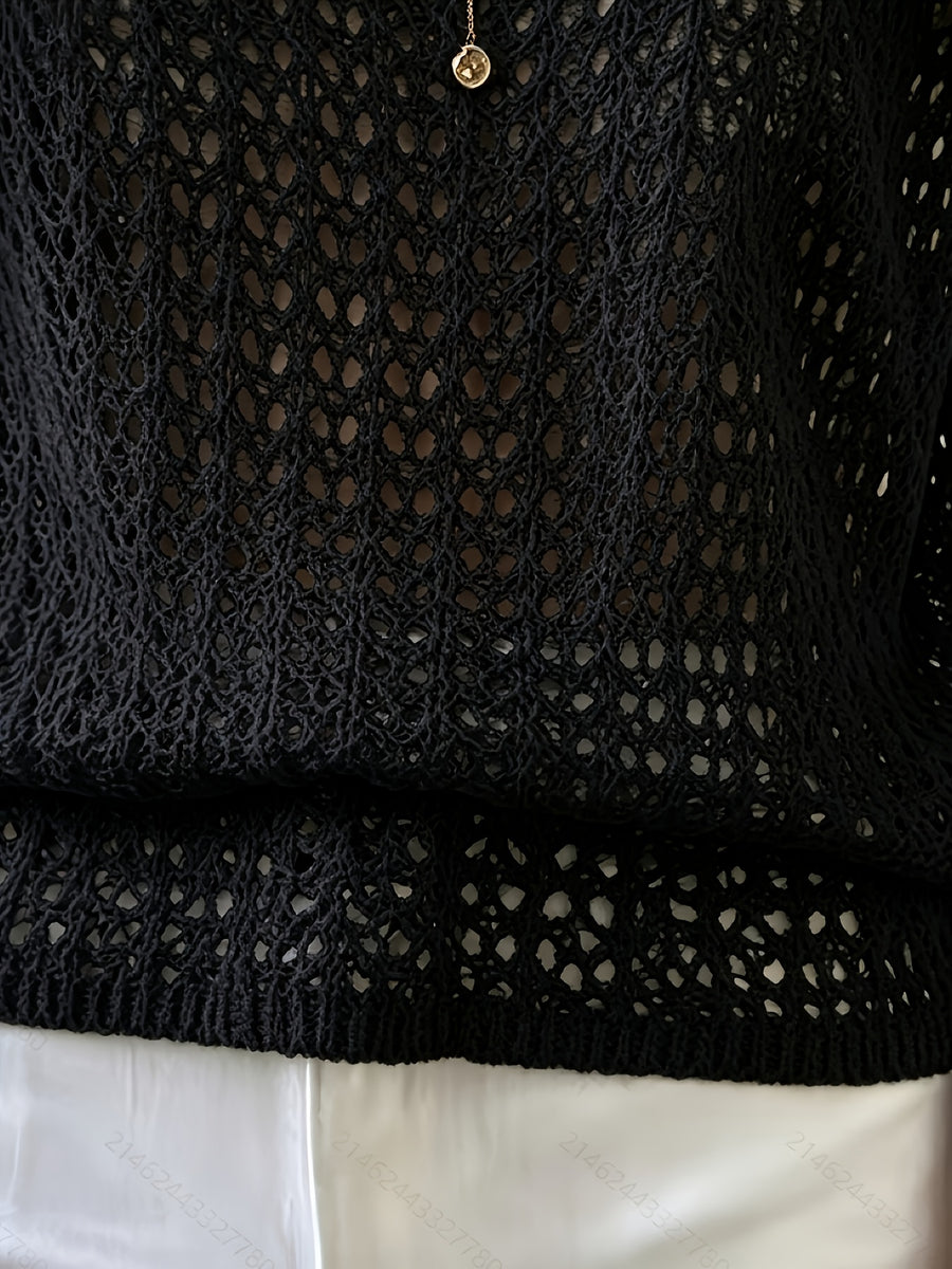 Women's Hollow Out Short Sleeve Blouse Sweater - Semi-Sheer Crochet Round Neck Lightweight Summer Top, Breathable Loose Pullover Blouse Suitable for Daily Wear & Vacation, Machine Washable Solid Color Crochet Knitwear - Black