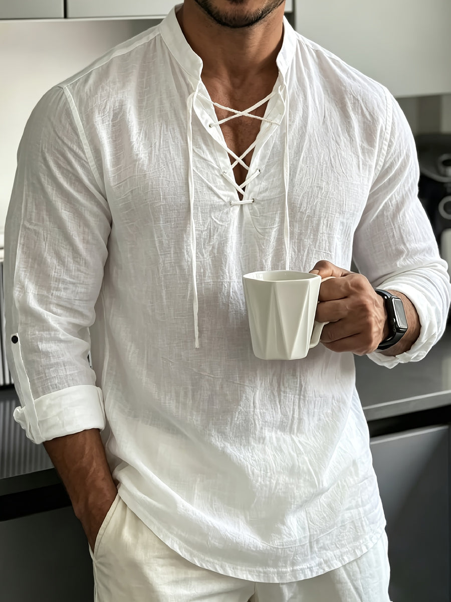[Know And Give OBM] Men'S Solid Color Stand-Collar Linen Long Sleeve Shirt, Semi-Open Front Design, Roll-Up Sleeve Style | Casual Commute, Short Vacation, Leisure Gatherings | Men'S Versatile Top - White