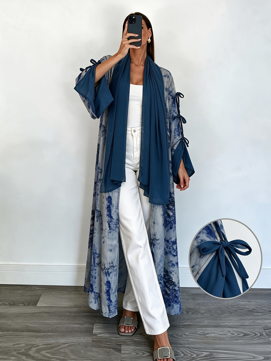 1 Set Women's Tie-Dye Print Open Front Long Kimono Cardigan, Flare Sleeve with Side Bow Detail Maxi Cover-Up, Modest Dubai Abaya Outerwear for Daily and Vacation Wear, Ink Wash Tie-Dye Print Long Open Abaya Kimono, Bell Sleeve with Side Self-Tie Bow - Navy Color