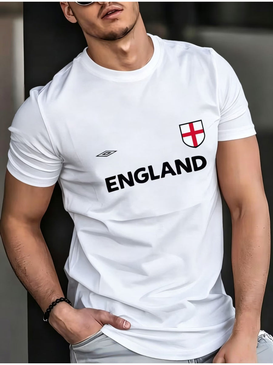 Multi-color ENGLAND Football Style Men's T-Shirt, Crew Neck Printed Casual Style, Lightweight and Breathable for Daily Sports, Versatile, Sizes S-XXXL - White