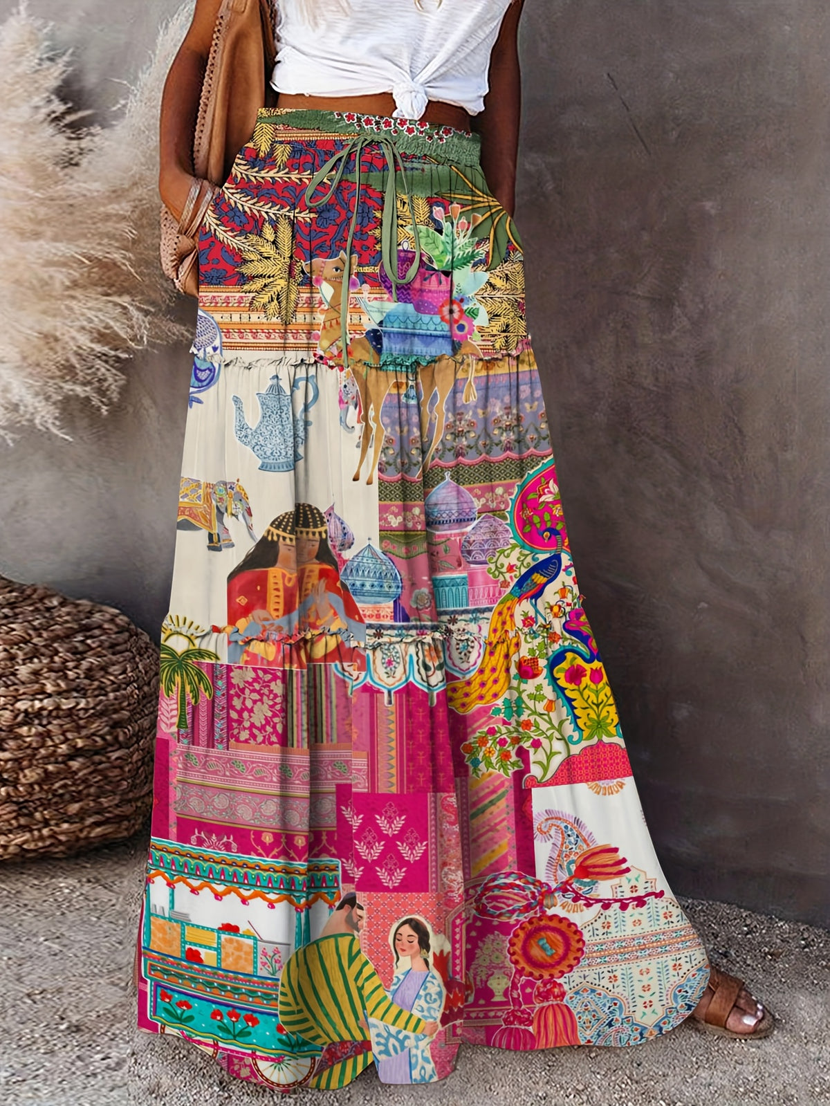 Women's Casual Long Flowy Maxi Skirt with Vibrant Digital Print & Ruffled Hem - Lightweight 100% Polyester Machine-Washable Spring Summer Dress for Beach Outings, Picnics, Casual Outings, Beach Skirt | Ruffled Hem Skirt | Bright Colors Fabric, Summer - Multicolor