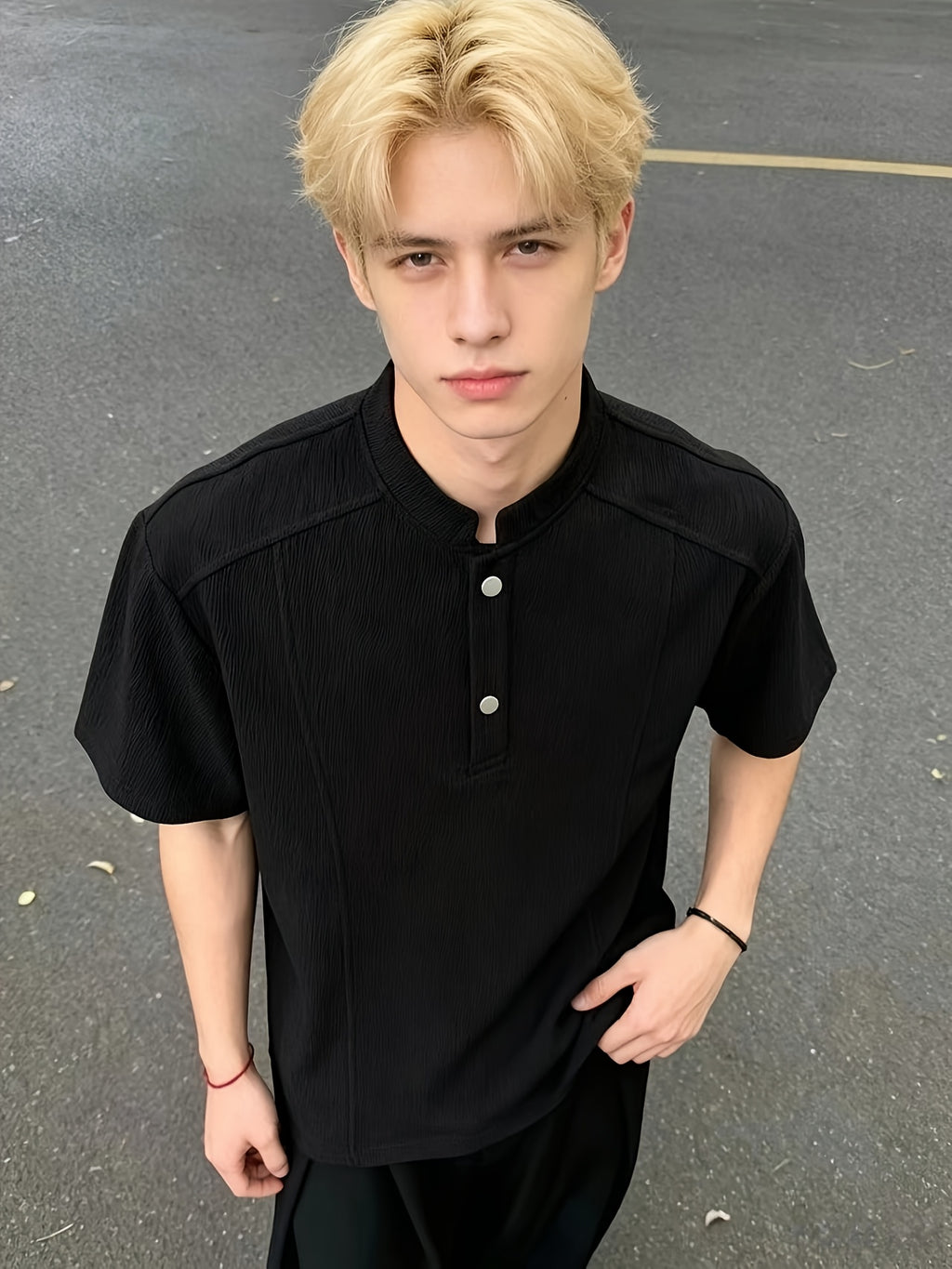 2026 Men'S Summer Casual Old Money Style Bark Texture Henley Short Sleeve Polo Shirt Men'S Loose Regular Shoulder Half Sleeve - Black