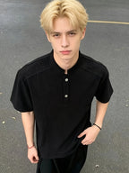 2026 Men'S Summer Casual Old Money Style Bark Texture Henley Short Sleeve Polo Shirt Men'S Loose Regular Shoulder Half Sleeve - Black