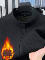 Men's Waffle Knit Stand Collar -Lined Zip-Up Jacket, Breathable and Textured, Pilling-Resistant, Loose Fit Not Tight, Suitable for Middle-Aged Men, Ideal for Casual and Commuting Wear - SINBOS - Black