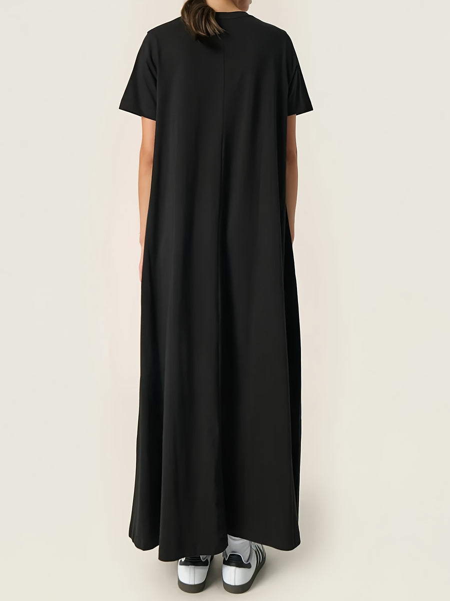 Plus Size, Fashion Casual Short-sleeve Round-neck Long Dress with Pockets, Solid Color, for Spring and Summer - Black