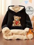 Women'S Home Wear Top [Imitation Print] Women'S Hot Style Heart Bear Print Sweatshirt, Fall Winter Fleece Hooded Warm Sweater, Suitable for Casual Home Wear Drawstring Hooded Sweatshirt - Black