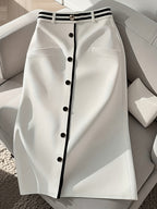 Elegant White High-waist Pleated Skirt with Black Button Accents - Stylish Polyester Fabric, Suitable for All Seasons, a Spring Fashion Choice | Elegant Dress - White