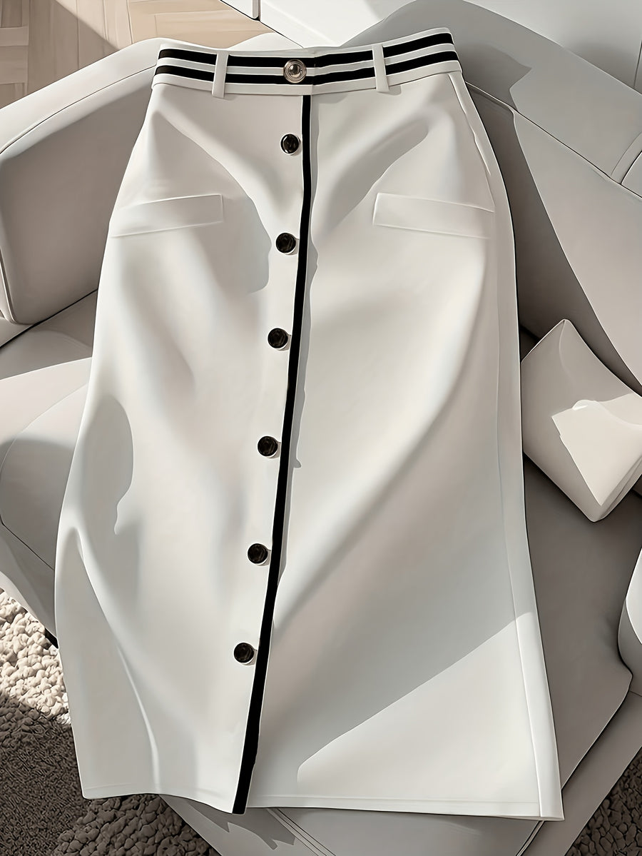 Elegant White High-waist Pleated Skirt with Black Button Accents - Stylish Polyester Fabric, Suitable for All Seasons, a Spring Fashion Choice | Elegant Dress - White