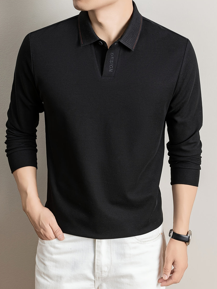 New Autumn 2026 Men's Long-Sleeve Solid Color Seagull Collar Lapel Casual Polo T-Shirt - Black