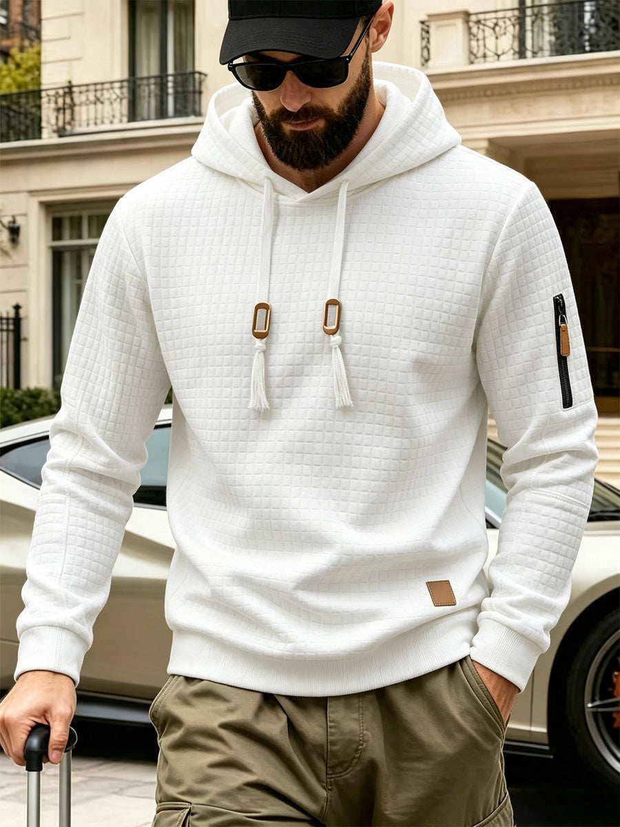 2pcs Men'S Checkered Hooded Sweatshirts, Long Sleeve Pullover Tops, Regular Fit Knit Fabric, with Zippered Pockets, Soft Stretch Knit Sweater, Lightweight Casual, Suitable for Spring Fall Travel Streetwear - Off-white+light grey