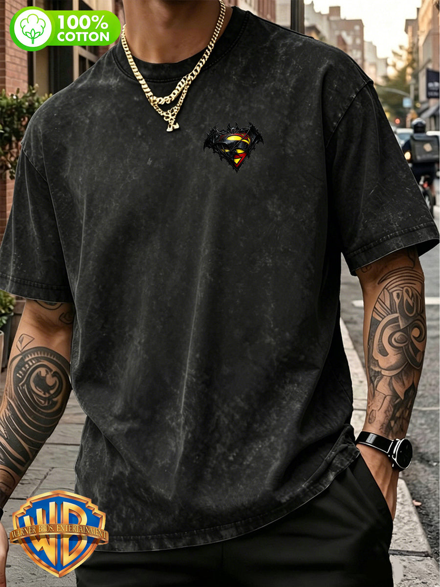 1pc, Men'S 100% Washed "Retro Washed DC Heroes Front And Back Print Pure Loose Casual Short Sleeve T-Shirt" Casual All-Match Loose Summer Round Neck Short Sleeve, Double-Sided Print - Suitable for Outdoor Sports, Gym, Daily Wear - Black