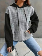 Autumn/Winter European and American Fashion Trendy Wide Fit Casual Loose Color Block Patchwork Pullover Hooded Versatile Sweatshirt Jacket for Women - Black