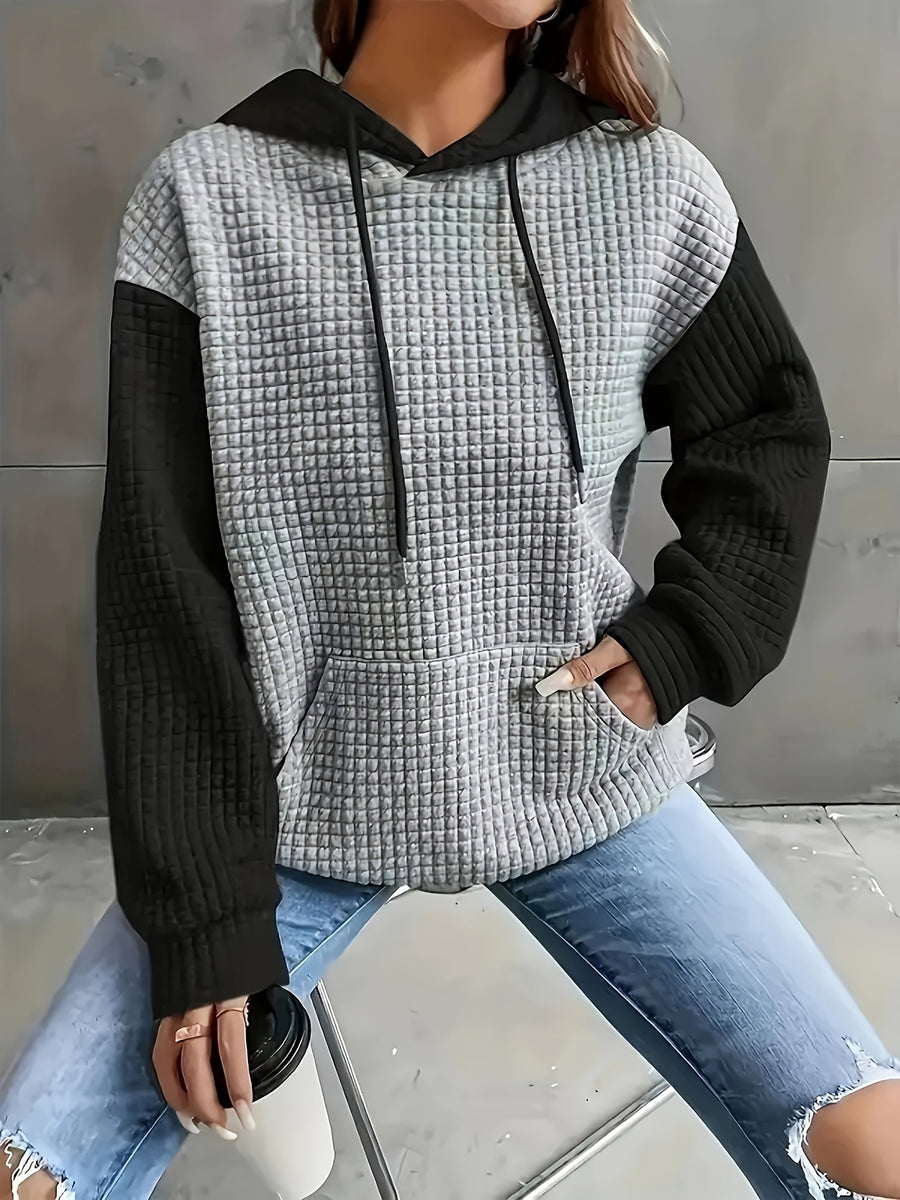 Autumn/Winter European and American Fashion Trendy Wide Fit Casual Loose Color Block Patchwork Pullover Hooded Versatile Sweatshirt Jacket for Women - Black
