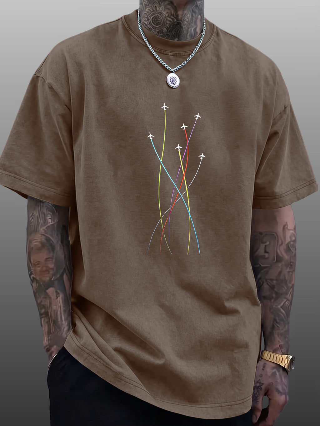 Men's Short-Sleeve T-Shirt, Pure Cotton Loose Fit Half-Sleeve Top, Washed Distressed Colorful Airplane Route Lines, Trendy Reversible Double-Sided Print, Multiple Colors for  Mix & Match, American Streetwear Hip-Hop High Street Style, for Daily - Brown