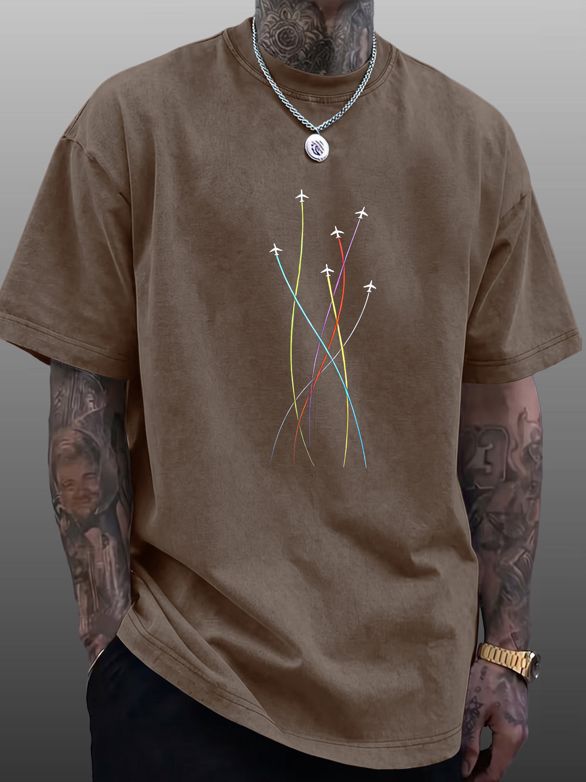 Men's Short-Sleeve T-Shirt, Pure Cotton Loose Fit Half-Sleeve Top, Washed Distressed Colorful Airplane Route Lines, Trendy Reversible Double-Sided Print, Multiple Colors for  Mix & Match, American Streetwear Hip-Hop High Street Style, for Daily - Brown