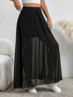 Women'S Holiday Wind High-Waisted Chiffon Mid-Length Flowing Beach Skirt - Black