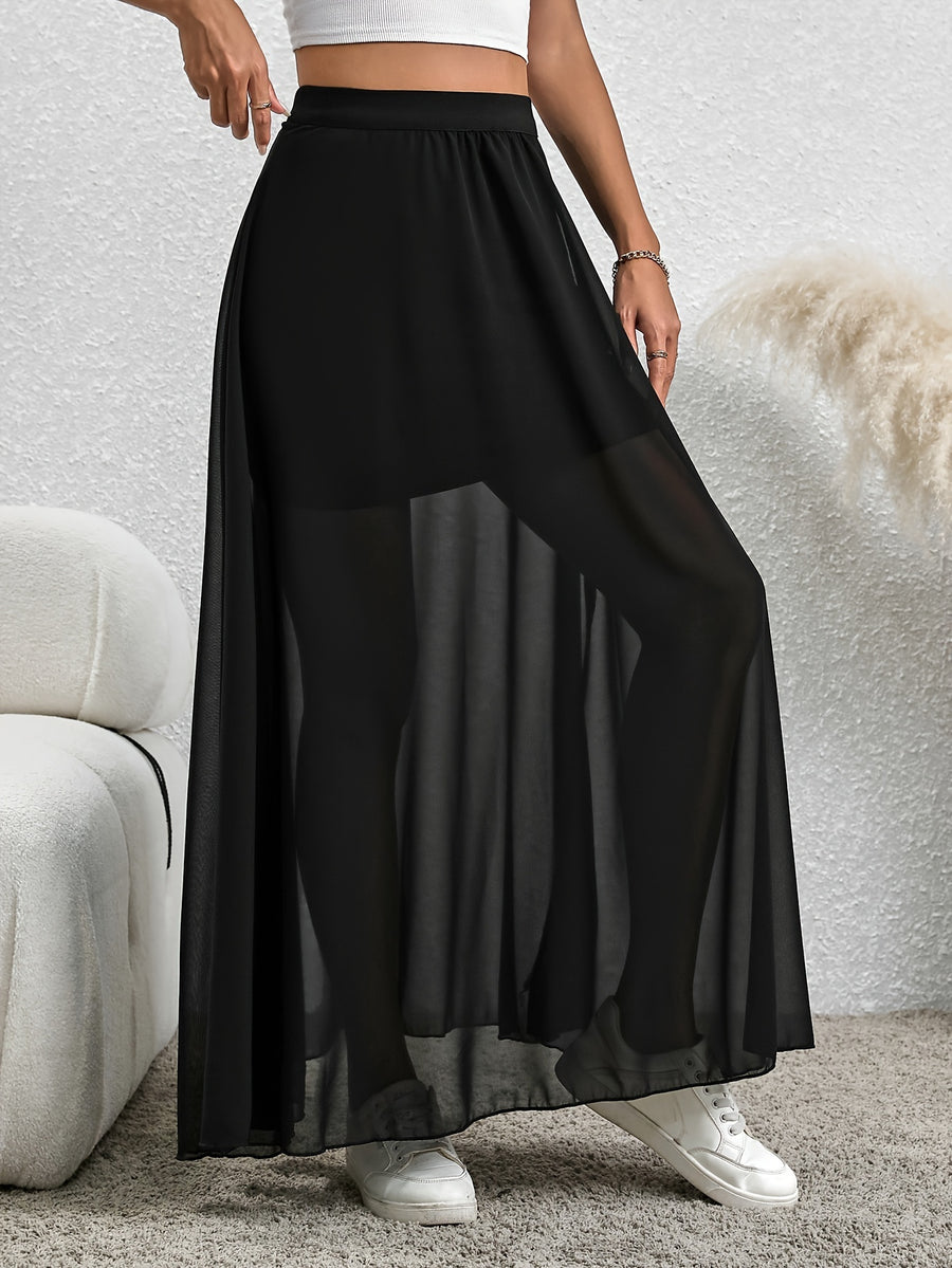 Women'S Holiday Wind High-Waisted Chiffon Mid-Length Flowing Beach Skirt - Black